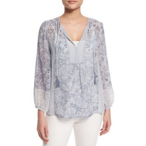 Joie Tops - Joie Acerila Paisley Print Peasant Blouse Top Silk Shirt Boho Light Blue Small